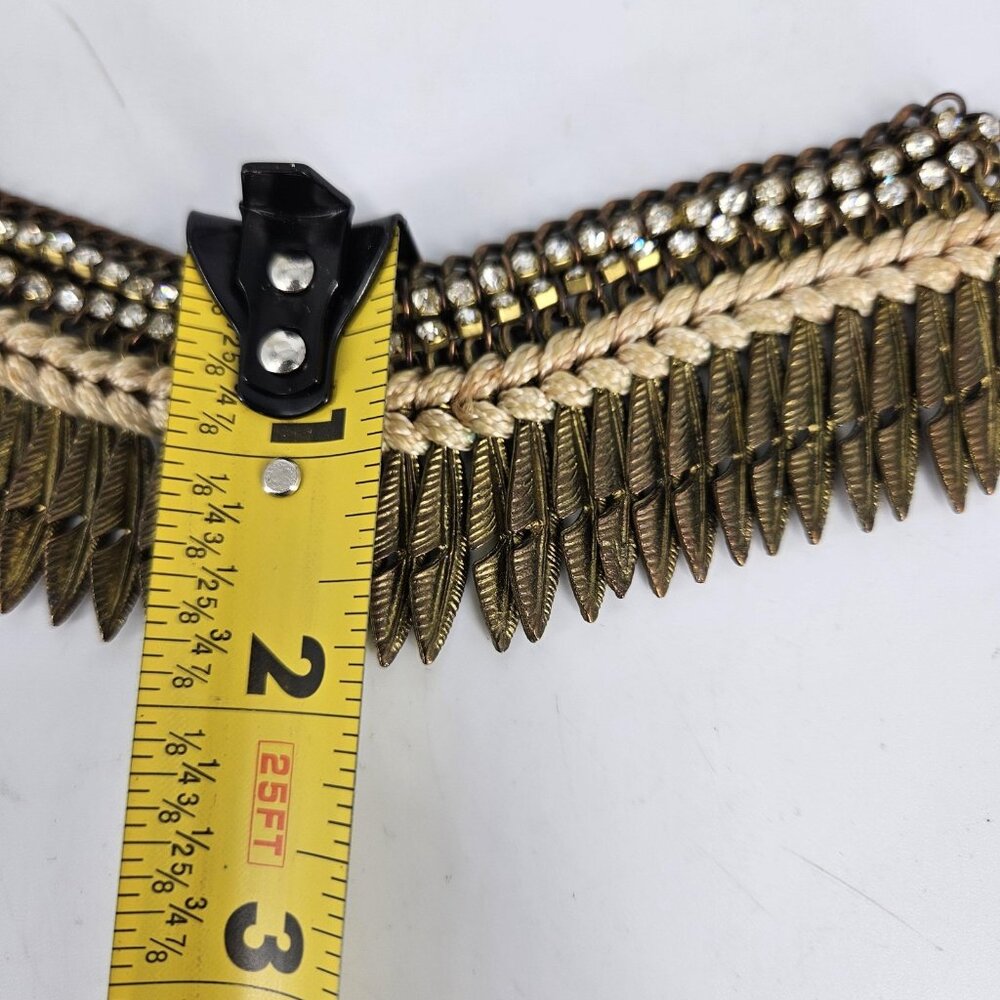 Bib Necklace Gold Tone Boho Statement Feather Fringe Rhinestone 16" Braided Cord - Picture 10 of 10